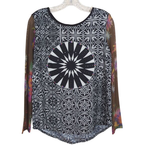 Desigual Women's Long Sleeve Geometric Print Tunic Top With Sheer Floral Sleeves - Picture 1 of 12